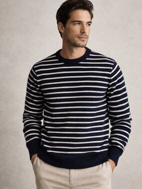 J.Crew Navy & White Striped Lambswool Sweater Size Medium Preppy Quiet Luxury